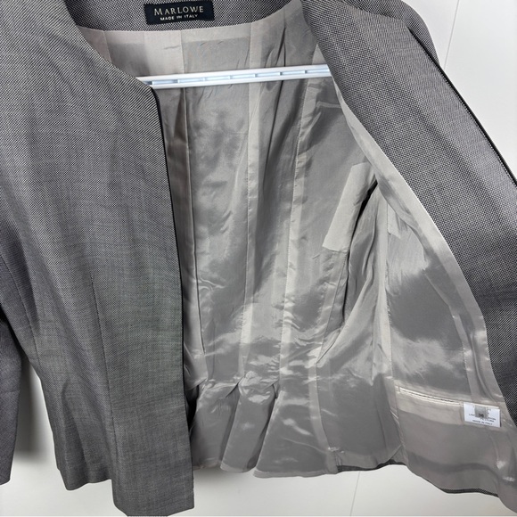 Marlowe Wool Silk Peplum Blazer Grey Black White Italy 8 Zip Front 3/4 Sleeve - Picture 7 of 10
